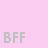 Pixelated pink background with repeated 'BFF' text and scattered red heart icons, some letters in cyan.
