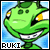 Green cartoon character with yellow eyes and white teeth smiling against blue background, text 'RUKI' below.