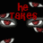 Black background with multiple red and white eyes, red text reading 'he takes my breath away' in pixelated font.