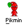 A contact sheet of 10 animated frames showing a red cartoon character with green leaf on head labeled 'Pikmin' in white text below each frame.