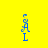 Blue pixelated figure with a flower-like head and 'A' on chest, standing on yellow background with light blue horizontal bars in different positions.