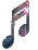 musical note icons with varying colors and sparkles, each note has a distinct color scheme including blue, pink, brown, and gray tones
