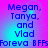 Pixelated text displays names and 'Foreva BFFs' on a gradient background with shifting color intensity.