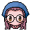 Pixel art avatar of a character with blue beret, pink hair, and glasses showing three distinct facial expressions against gray background.