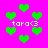 A static image with a bright pink background featuring scattered green pixelated hearts and repeated white text 'tara<3' in a retro digital style.