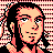 Pixelated static image of a character with peach skin, black hair, and red accents against a checkered background.