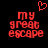 Red pixelated text 'my great escape' with a red heart symbol above, displayed on a black background.
