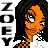 Pixel art contact sheet of a cartoon character with orange skin and black hair in three frames showing slight facial expression changes, surrounded by repeated text "ZOY" on the left and top edges.