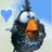 Animated pixelated bird with orange beak and white eyes, blue heart symbol on left side of frame.
