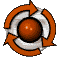Six animated frames of a circular icon with orange arrows, white rings, and brown centers arranged in a 3x2 contact sheet on gray background.