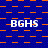 Blue background with orange square and line patterns, repeated white text "BGHS" in three