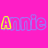 A pink background displays the word 'Annie' in blue outline with yellow highlights, animated to cycle through different letter configurations.