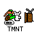 Pixel art animation of a green-clad character with orange hair riding a white rabbit, performing actions with a brown box on a gray background.