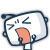 Pixelated cartoon character with orange mouth and blue outline, showing slight head movement against gray background
