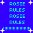 Blue background with cyan text alternating 'ROSIE' and 'RULES', white stars, and horizontal dotted lines. Two identical sections mirror each other horizontally.