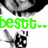 A black-and-white image of a person with dark hair making a hand gesture, overlaid with green and purple text elements.