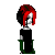 Pixel art character with red and black hair, black dress, green boots; text below reads 'do i look happy to you?' in blocky font.