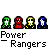 Pixel art of Power Rangers icons with green, red, yellow, and blue characters in static poses above text labels