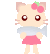 Pixelated cat avatar with pink bow, holding fish in some frames, wearing pink skirt and light blue scarf against gray background.