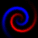 Four animated spiral patterns arranged in a 2x2 grid on black background, each with red and blue swirling lines forming continuous loops.