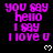 Pixelated text in bright pink on black background with white heart symbols, arranged in a pattern