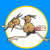 A 50x50 pixel animated buddy icon featuring a cartoon bird-like creature in motion, displayed on a blue background with a circular white and yellow border, alongside green text reading "Original Icons .com" on a dark green background.