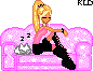 Pixel art of a blonde woman with ponytail sitting on pink couch, wearing pink top and black pants, next to gray cat and 'zzz' text.