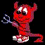 Red devil character with horns, tail, and pitchfork in four pixelated poses against black background.
