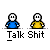 Animated contact sheet of pixel art stick figures in blue and yellow shirts with speech bubbles containing text like "PSSST..." and "HE'S 50." over a gray background.