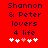 Red background with dark purple text reading "Shannon & Peter lovers 4 life" and six white hearts below, one pink heart in the center.