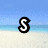 Pixelated beach scene with blue sky and ocean, displaying six white letters on black backgrounds arranged in two