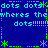 Blue background with cyan and green pixelated text repeating 'dots' and 'wheres the', surrounded by a dotted border of stars and dashes.