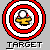 Pixelated circular icon with red and white concentric rings surrounding a yellow figure holding a black object, displayed in multiple states including full visibility and partial occlusion.