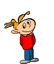 A contact sheet of 8 animated frames showing a cartoon character with spiky yellow hair, red shirt, blue pants, and gray shoes in various poses against a solid light gray background.