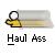 Pixelated icon with a yellow and black object resembling a cow's head with a circular eye, positioned above a horizontal gray bar, with 'Haul Ass' text below.