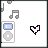Pixel art icon with music notes, a media player graphic, and heart symbols in four variations showing animation changes.
