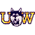 Pixelated graphic of a dog's face between stylized yellow and purple letters U and W on white background.