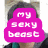 A person with dark hair and a teal-collared shirt appears in four , one featuring pink text overlay reading 'my sexy beast' while others show the same individual smiling