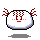 Two pixelated circular characters with red antennae; left character has white face with red text and blue base, right character has pink face with black symbols and red text above.