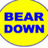Yellow circular icon with blue text 'BEAR DOWN' on white background, surrounded by blue with yellow text about burns and recovery
