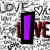 Static image with pixelated background featuring repeated 'LOVE' text and heart symbols, overlaid by bold red 'LUV', purple vertical bar, and pink 'Sanjay' text.