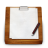 Wooden clipboard with white paper sheet and dark red pen on right side, rendered in pixelated style with brown frame and gray background.