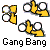 Animated contact sheet of six frames showing a yellow stick figure performing hand gestures with white circular eyes on gray background, each frame labeled "Gang Bang" text below.