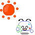 Pixelated character with white head, black antennae, and blue outline holding green object; orange suns with small dots in background.