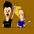 Animated contact sheet of four Beavis and Butt-Head frames showing character poses with raised hands, blue shirts, black t-shirts, and brown background.