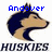 Pixelated husky head icon with blue text labels and 'HUSKIES' text below, showing animation changes in top-left label.