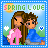 A 4x4 contact sheet of pixel art frames showing a cartoon couple in various poses with changing heart symbols and text, set against a blue sky background.