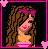 Pixelated static image of a figure with long dark hair holding a pink umbrella against a dark background, framed by a bright pink border.