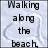 A static image of a text-based animation showing lyrics about walking on the beach and saying "I Love You" with pixelated font over light blue background.