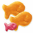 Yellow background with blue text and three fish-shaped crackers, one pink and two orange, arranged in a cluster.